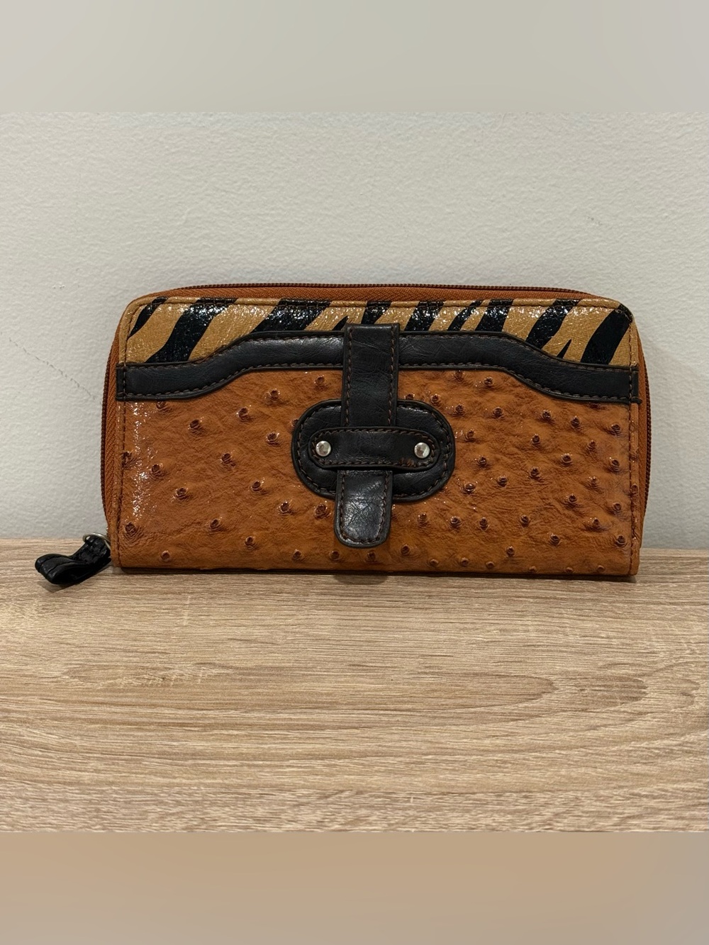 Faux Ostrich Leather Zip Around Wallet Clutch Zebra Print Accents Tan
